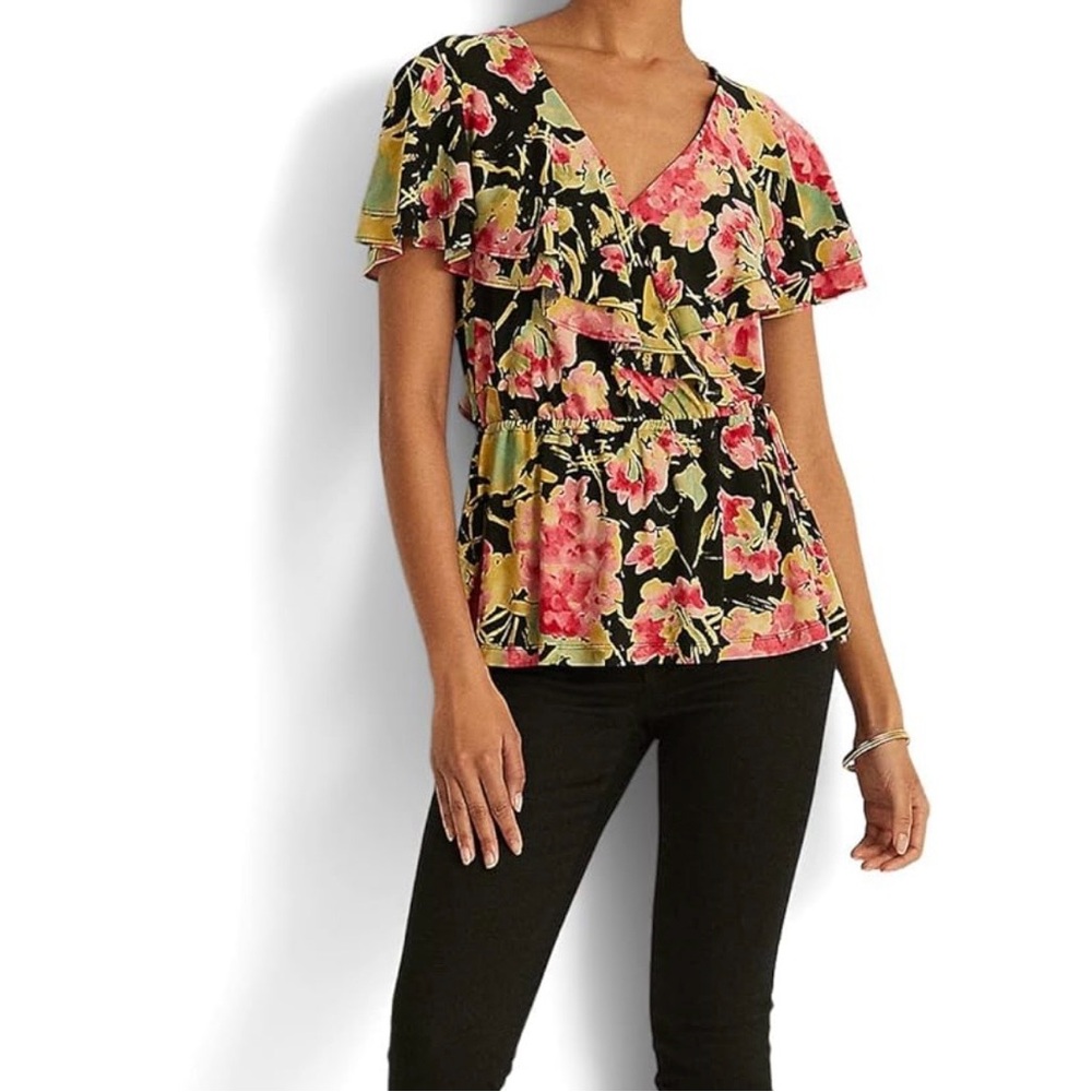 Ralph Lauren Flutter Sleeve Cross Front V Neck Top Blouse Floral NWT Large - Picture 5 of 13